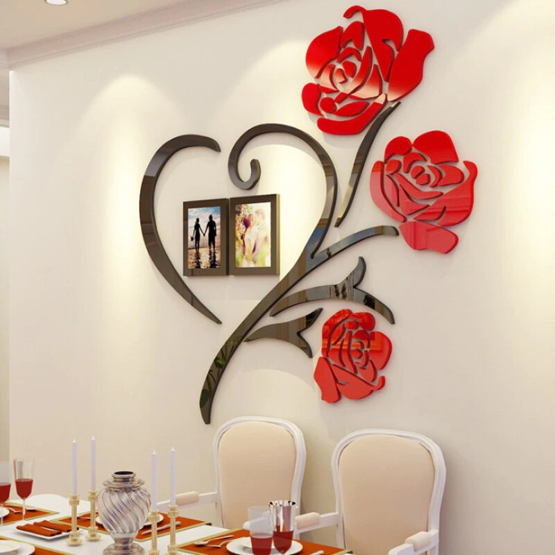 3 Size Multi-Pieces Rose Flower Pattern 3D Acrylic Decoration Wall Sticker DIY Wall Poster Picture Frame Home Bedroom