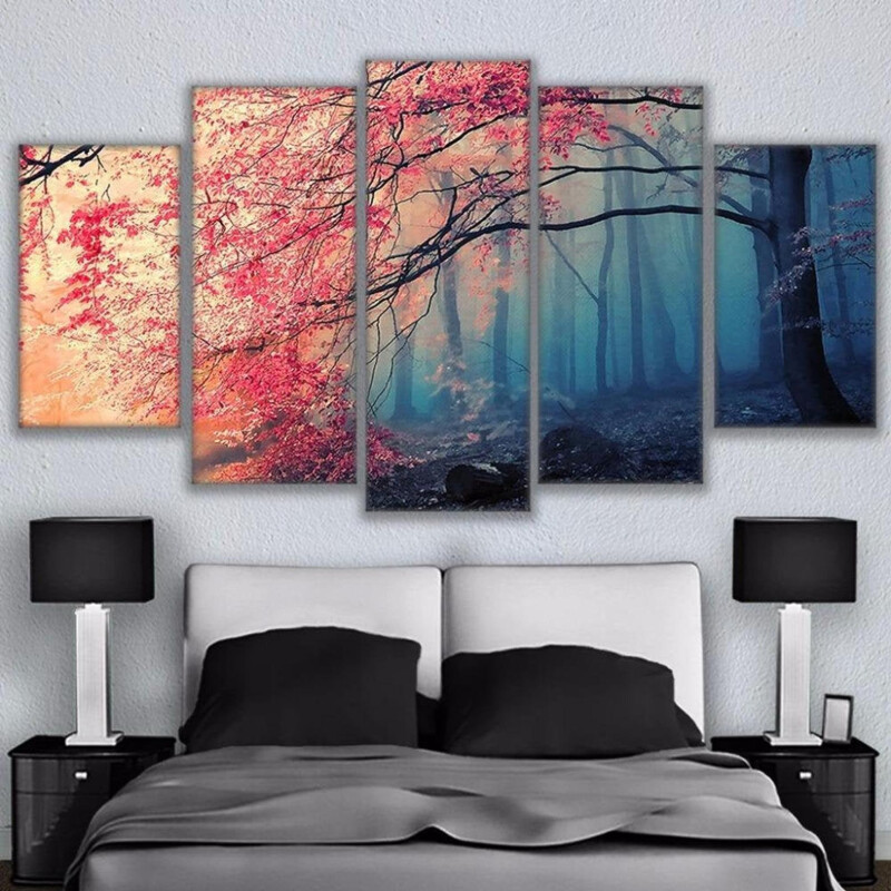 5 Piece Wall Art Canvas Landscape Poster Cherry Blossom Tree Colorful Oil Painting Landscape Modern Home Living Room
