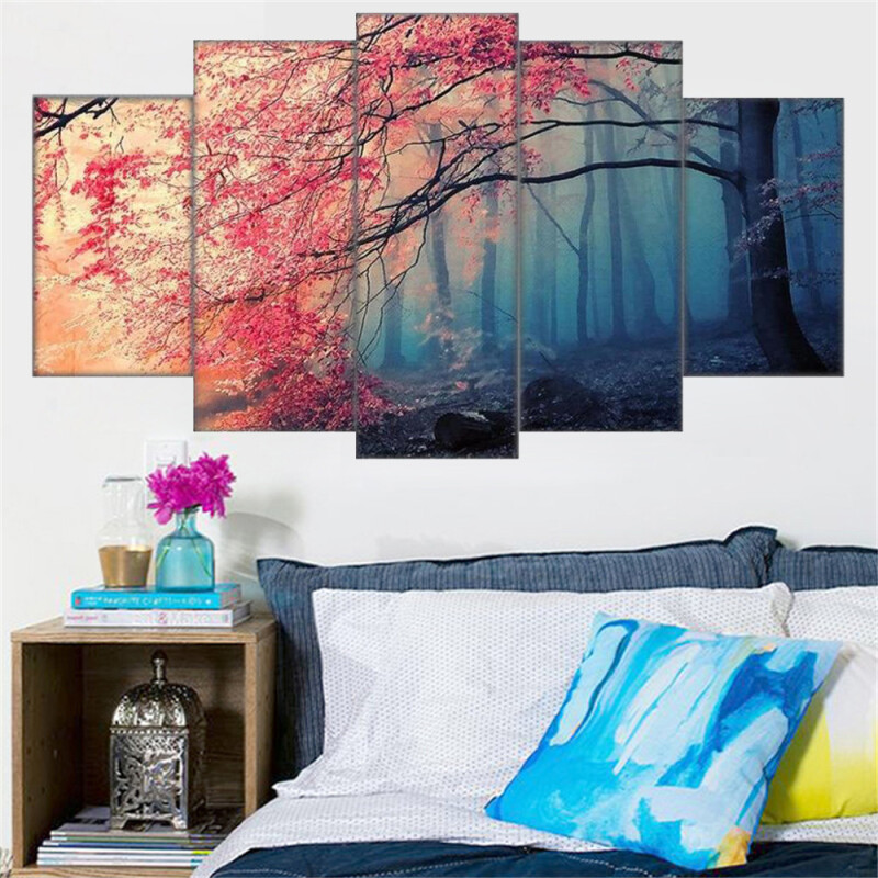 5 Piece Wall Art Canvas Landscape Poster Cherry Blossom Tree Colorful Oil Painting Landscape Modern Home Living Room