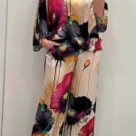 Spring Summer Fashion Satin Print Two Piece Set Women Causal OL Loose Round Neck Top Wide Leg Pants Two Piece Set Women.