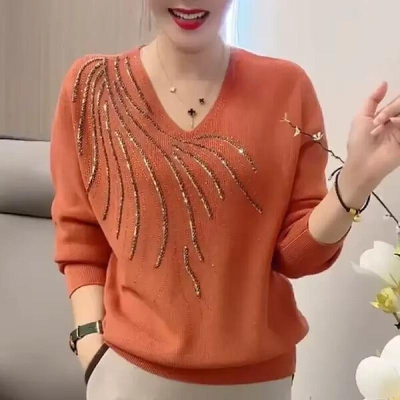 Autumn Winter Women Sweaters Pullovers Solid V-Neck Diamonds Temperament Fashion Casual Long Sleeve Bottoming Shirt Knit Tops.