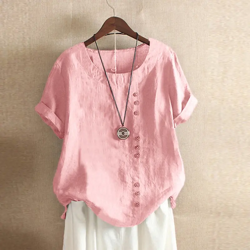Women's Short Sleeve Cotton Linen Beautiful Tunic Blouse Tops Ladies Casual Basic Shirt Plus Size Clothes L-5XL Clothing.