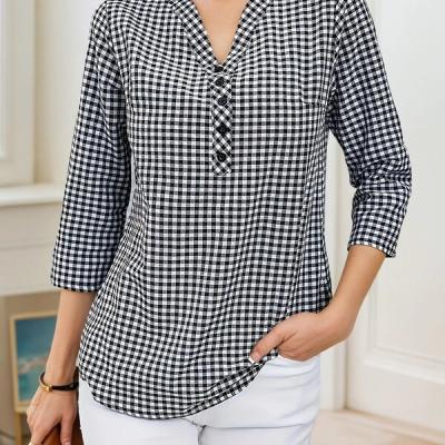 Plus Size Spring Autumn Women Fine Plaid Fashion Long Sleeve V-Neck Blouse Slim Fit Temperament Top Belly Covering Small Shirts