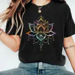 Women's Black Short - Sleeve T - shirt, Colorful Mandala Lotus Print, Bohemian & Stylish.