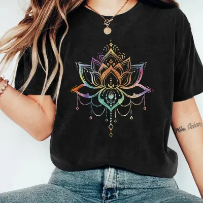Women's Black Short - Sleeve T - shirt, Colorful Mandala Lotus Print, Bohemian & Stylish.