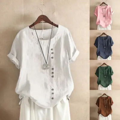 Women's Short Sleeve Cotton Linen Beautiful Tunic Blouse Tops Ladies Casual Basic Shirt Plus Size Clothes L-5XL Clothing.