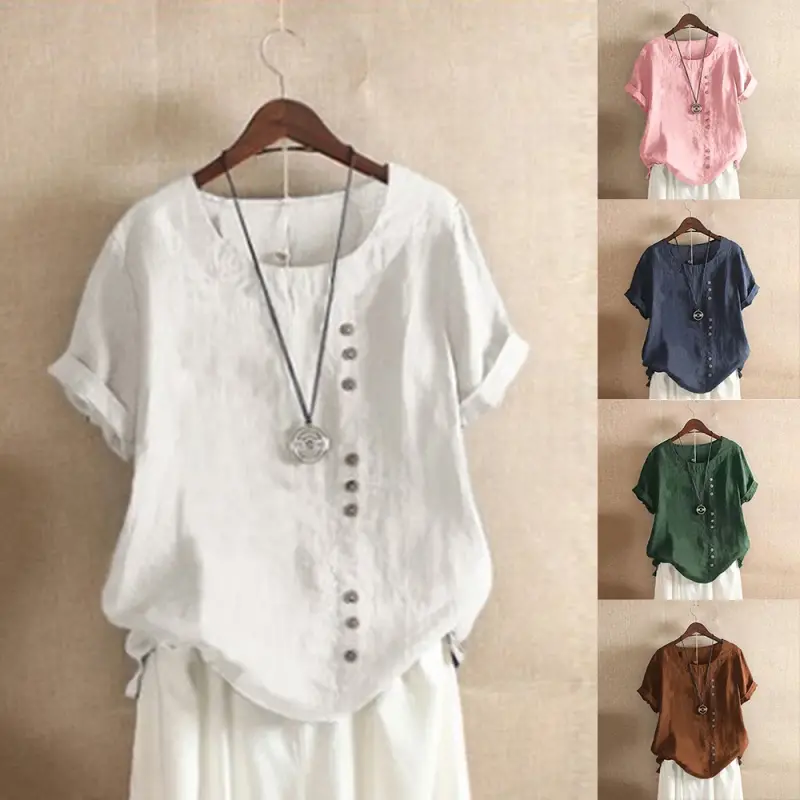 Women's Short Sleeve Cotton Linen Beautiful Tunic Blouse Tops Ladies Casual Basic Shirt Plus Size Clothes L-5XL Clothing.