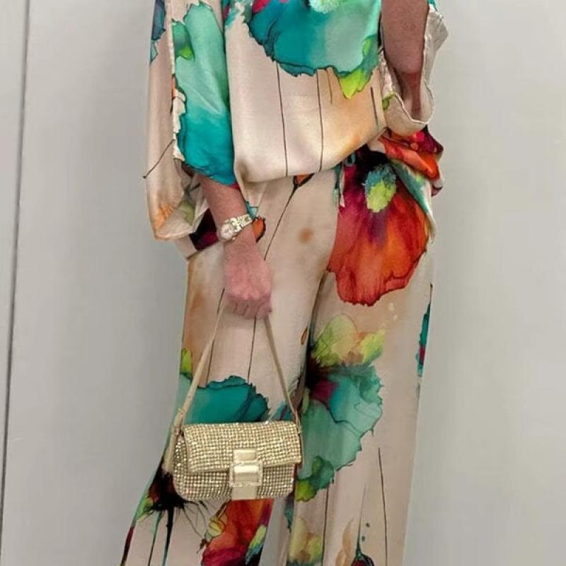 Spring Summer Fashion Satin Print Two Piece Set Women Causal OL Loose Round Neck Top Wide Leg Pants Two Piece Set Women.