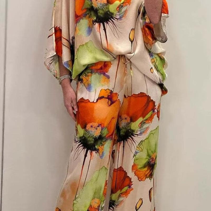 Spring Summer Fashion Satin Print Two Piece Set Women Causal OL Loose Round Neck Top Wide Leg Pants Two Piece Set Women.