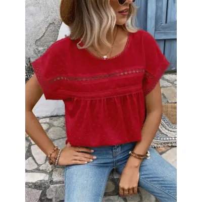 Plus Size 1XL-5XL Women's Summer Fashion Solid Color Round Neck Pleated Short Sleeved Shirt.