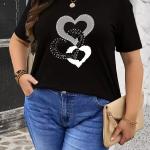 Women's Black Casual T-Shirt | Heart & Glitter Heart Design, Round Neck Short Sleeve Top for Spring/Summer.