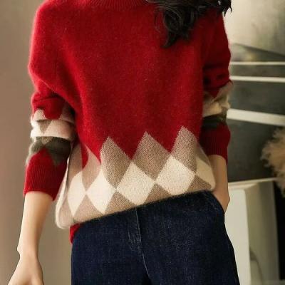 Women's Sweater Red Plaid Knit Tops for Woman Graphic Round O Neck Pullovers Jumper Winter Thermal Blouse Korean Style Clothes.
