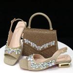 Italian Fashion Women Heels Small size Elegant Flower Decoration Black Shoes And Bag Full rhinestone Party bag.