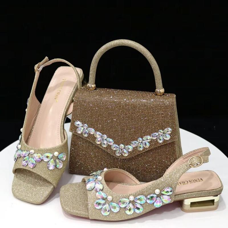 Italian Fashion Women Heels Small size Elegant Flower Decoration Black Shoes And Bag Full rhinestone Party bag.