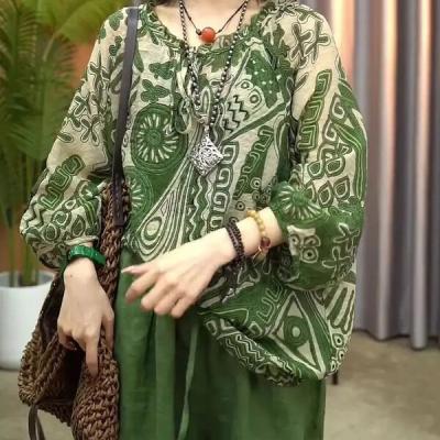 Summer New Retro Style Print Pullover Tops Women's Clothing Round Neck Lacing Loose-fitting Green Long Sleeve T-Shirt