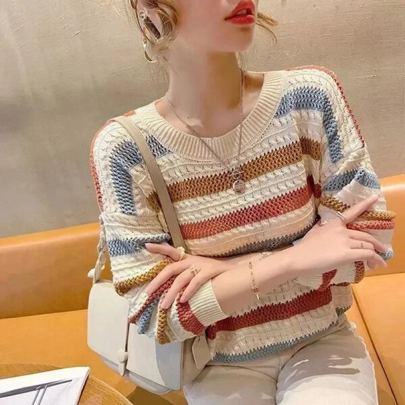 Spring Summer New Hollow Color Striped Knitted Top Women's Loose Fit Cropped Bat Top Thin Cover Ups Crew Neck Pullovers