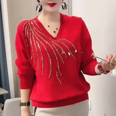 Autumn Winter Women Sweaters Pullovers Solid V-Neck Diamonds Temperament Fashion Casual Long Sleeve Bottoming Shirt Knit Tops.