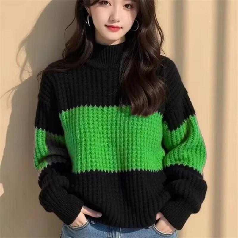 Cross Border Color Blocking Thick Thread Loose Sweater Women's New Winter Fashionable And Stylish Unique Knitted Lazy Base Top.