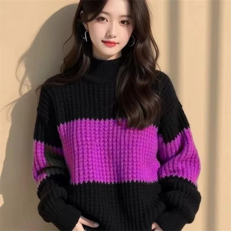Cross Border Color Blocking Thick Thread Loose Sweater Women's New Winter Fashionable And Stylish Unique Knitted Lazy Base Top.