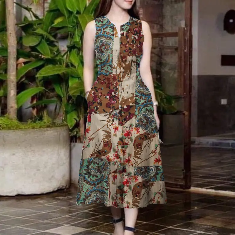 ZANZEA Casual Sleeveless Women's Midi Dress  Summer Vintage Printing Cotton Sundress V-neck Slit Hem A-line Vestidos Mujer