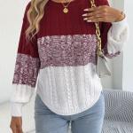 Woman Casual Color Block Striped Sweater Round Neck Lantern Long Sleeve Twist Knitted Tops for Winter Women Clothes