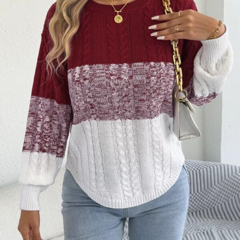 Woman Casual Color Block Striped Sweater Round Neck Lantern Long Sleeve Twist Knitted Tops for  Winter Women Clothes