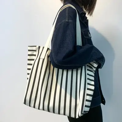 New Beach Tote Bag Fashion Women Canvas Summer Large Capacity Striped Shoulder Bag Tote Handbag Shopping Shoulder Bags ﻿.