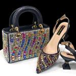 Shiny Italian Fashion Pointed Toe Women Heel Fashion Rhinestone Decoration Fuchsia Color Shoes And Bag Set.