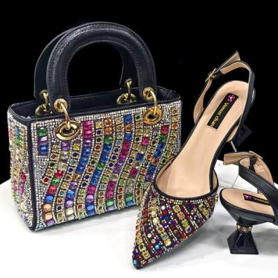 Shiny Italian Fashion Pointed Toe Women Heel Fashion Rhinestone Decoration Fuchsia Color Shoes And Bag Set.