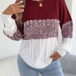 Woman Casual Color Block Striped Sweater Round Neck Lantern Long Sleeve Twist Knitted Tops for Winter Women Clothes