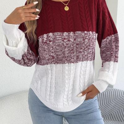 Woman Casual Color Block Striped Sweater Round Neck Lantern Long Sleeve Twist Knitted Tops for  Winter Women Clothes