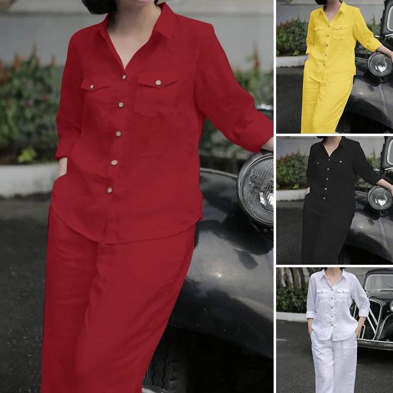 Elegant Women Autumn 2 Pieces Sets 2pcs Outfits Long Sleeve Shirt Loose Pants Sets 2025 ZANZEA Stylish Casual Solid OL Work Suit
