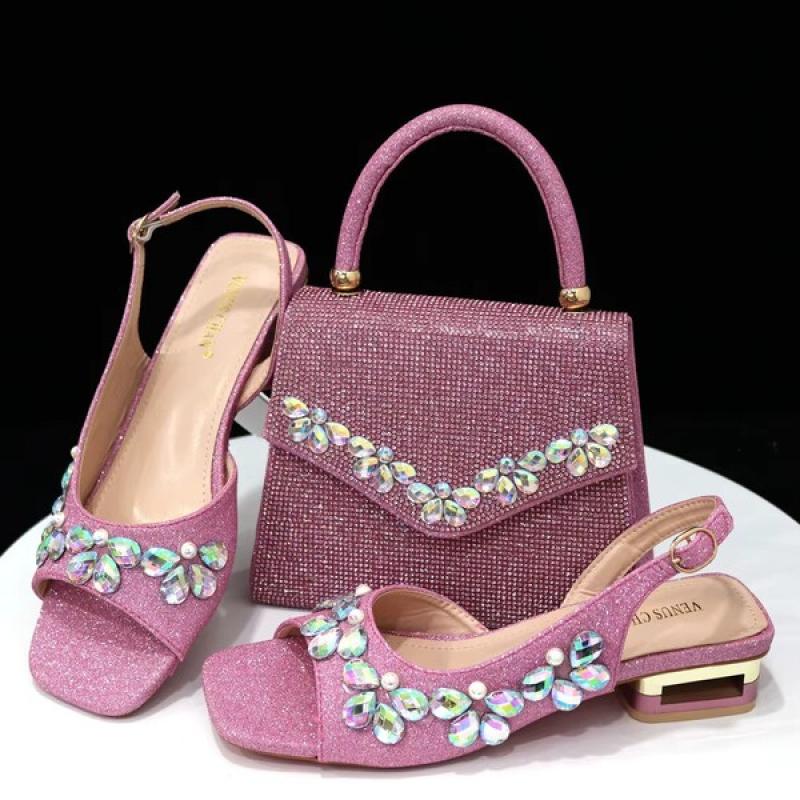 Italian Fashion Women Heels Small size Elegant Flower Decoration Black Shoes And Bag Full rhinestone Party bag.