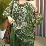 Summer New Retro Style Print Pullover Tops Women's Clothing Round Neck Lacing Loose-fitting Green Long Sleeve T-Shirt