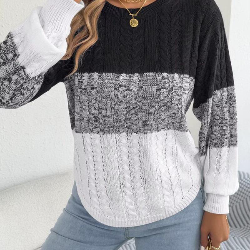 Woman Casual Color Block Striped Sweater Round Neck Lantern Long Sleeve Twist Knitted Tops for  Winter Women Clothes