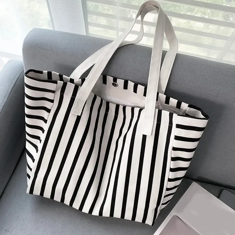 New Beach Tote Bag Fashion Women Canvas Summer Large Capacity Striped Shoulder Bag Tote Handbag Shopping Shoulder Bags ﻿.