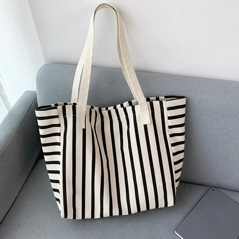 New Beach Tote Bag Fashion Women Canvas Summer Large Capacity Striped Shoulder Bag Tote Handbag Shopping Shoulder Bags ﻿.