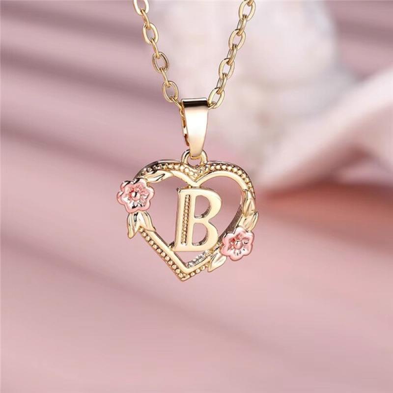 A-Z Letter Flower Pendant Necklace Yellow Gold Color Wedding Jewelry Gift For Women.