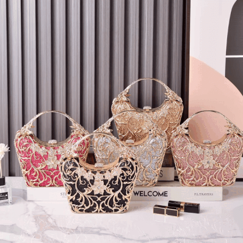 Hollow Out Metal Evening Bags Fashion Shiny Party Banquet Handbags Female Luxury Clutch Purse Bolso Mujer Chain Shoulder Bag.