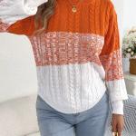 Woman Casual Color Block Striped Sweater Round Neck Lantern Long Sleeve Twist Knitted Tops for Winter Women Clothes
