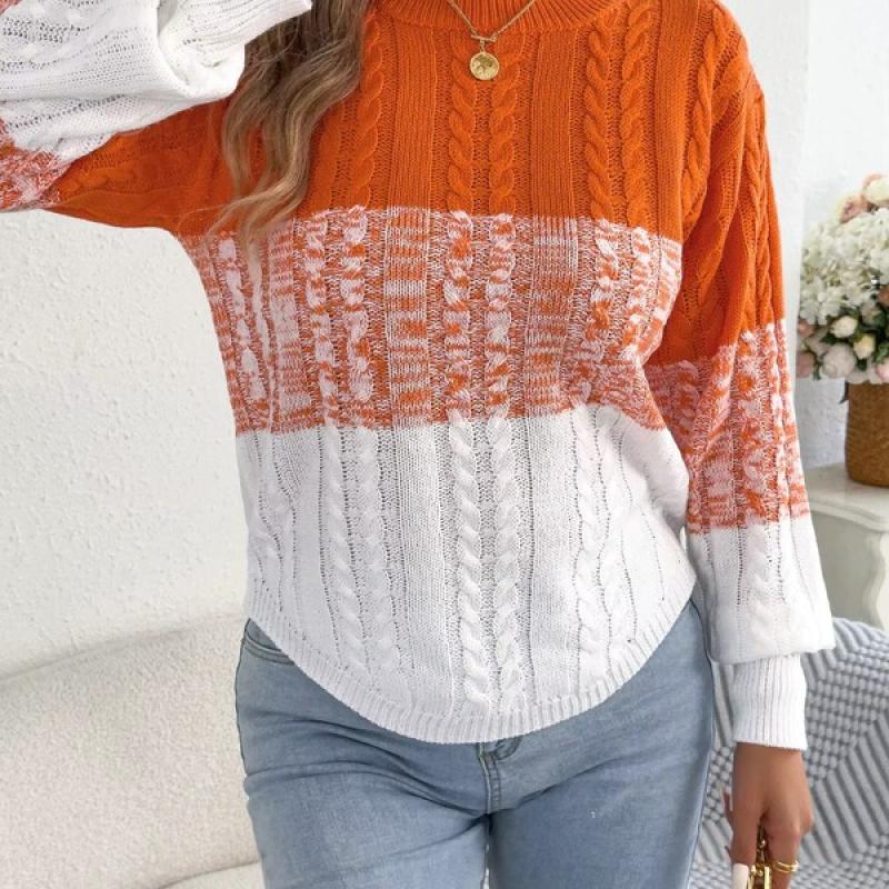 Woman Casual Color Block Striped Sweater Round Neck Lantern Long Sleeve Twist Knitted Tops for  Winter Women Clothes