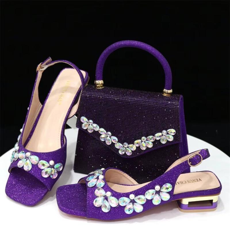 Italian Fashion Women Heels Small size Elegant Flower Decoration Black Shoes And Bag Full rhinestone Party bag.