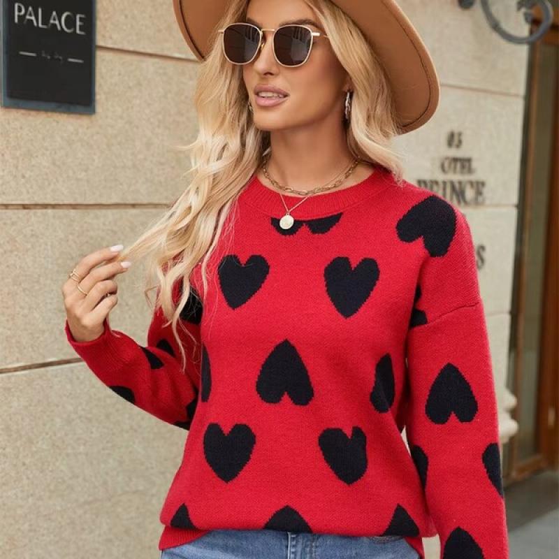 Autumn Winter Heart Jacquard Knitted Sweaters for Women O-Neck Long Sleeve Sweater Woman All Match Mix Color Jumpers Female.
