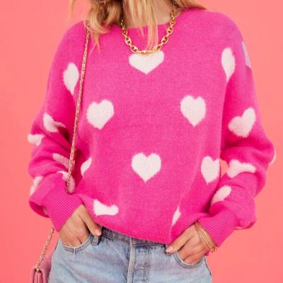 Women's Hot Pink Oversized Knit Sweater Heart Pattern Crew Neck Long Sleeve Casual Pullover Fuzzy Heart Pattern Sweater.