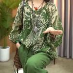 Summer New Retro Style Print Pullover Tops Women's Clothing Round Neck Lacing Loose-fitting Green Long Sleeve T-Shirt