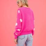 Women's Hot Pink Oversized Knit Sweater Heart Pattern Crew Neck Long Sleeve Casual Pullover Fuzzy Heart Pattern Sweater.