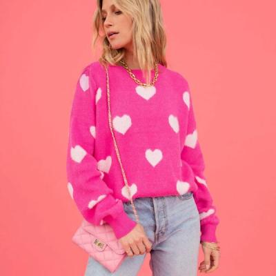Women's Hot Pink Oversized Knit Sweater Heart Pattern Crew Neck Long Sleeve Casual Pullover Fuzzy Heart Pattern Sweater.