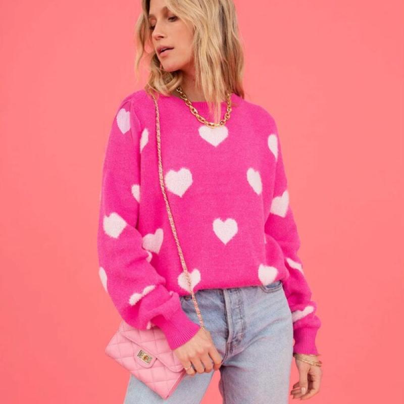 Women's Hot Pink Oversized Knit Sweater Heart Pattern Crew Neck Long Sleeve Casual Pullover Fuzzy Heart Pattern Sweater.