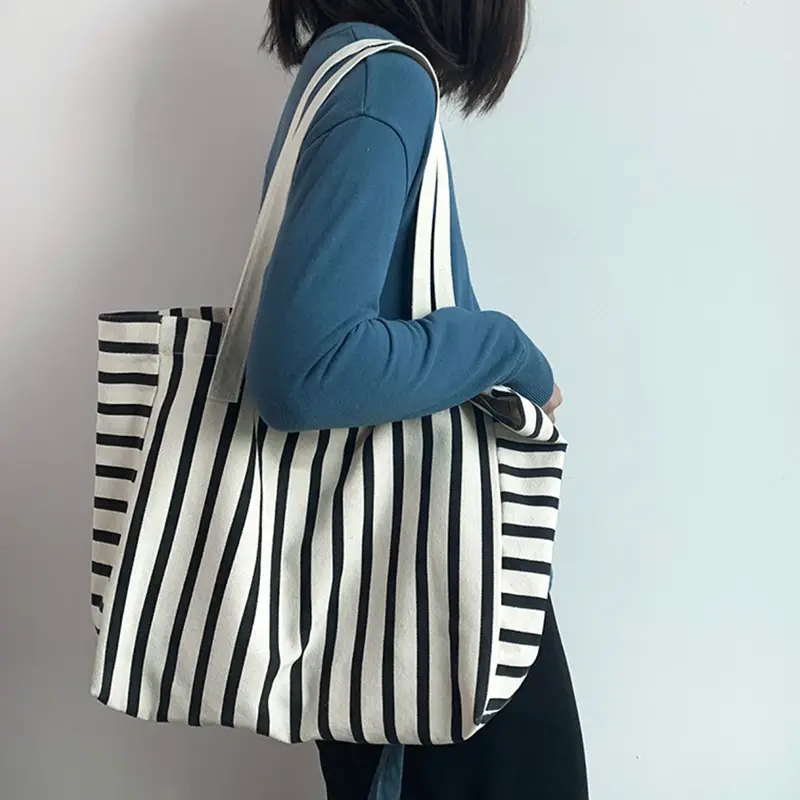 New Beach Tote Bag Fashion Women Canvas Summer Large Capacity Striped Shoulder Bag Tote Handbag Shopping Shoulder Bags ﻿.