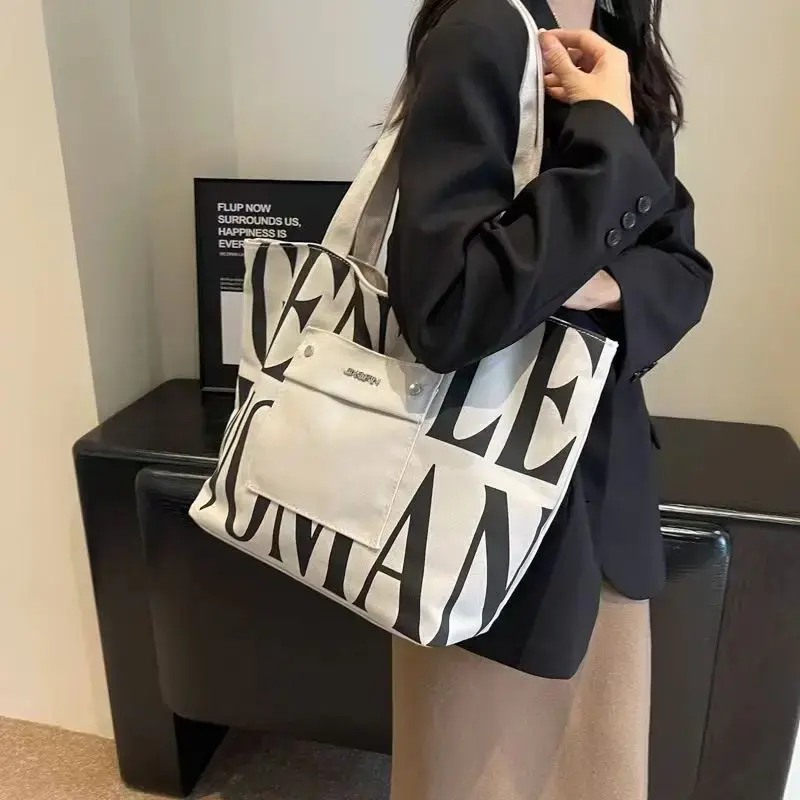 New Large capacity Single Shoulder Canvas Bag Stylish Letter Style Student Install books Handbag for Class, Fashion Shopping Bag.